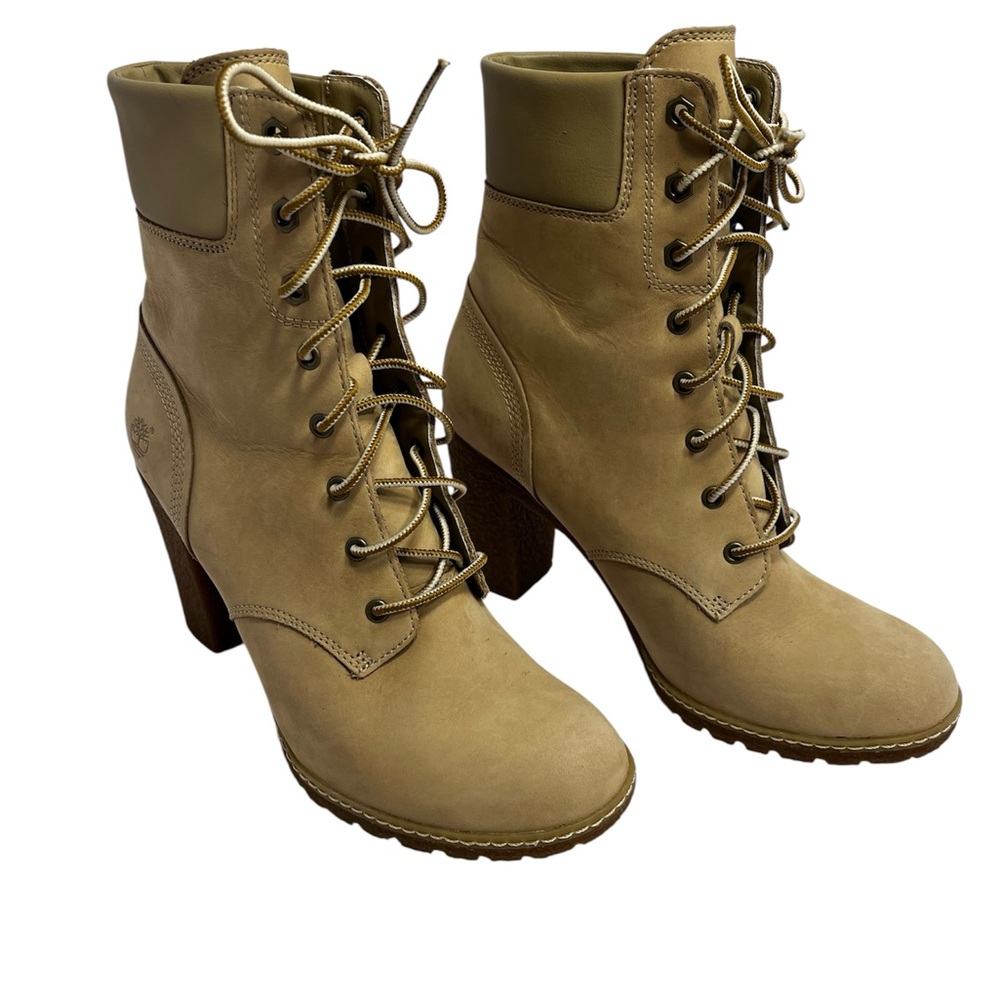 Timberland Glancy Suede Cream Lace-Up Women's Heel Boots SZ 8